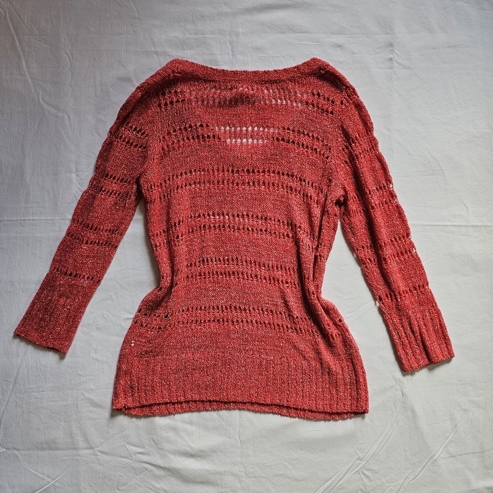 Elle knitted coral golden sparkles y2k elongated v-neck long-sleeve shirt Size M - Picture 5 of 7